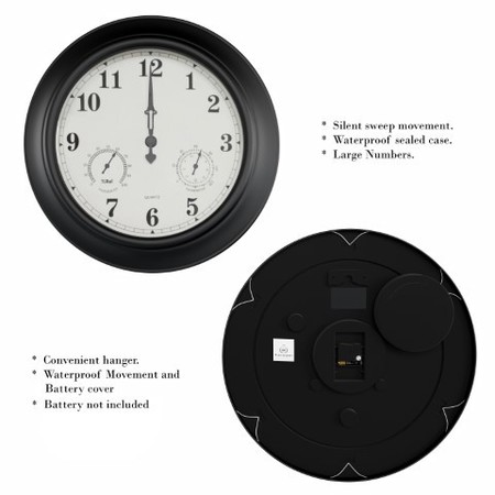Nature Spring Wall Clock Thermometer, Indoor/Outdoor Decorative 18-inch Quartz Battery-Powered, Waterproof 106171GRO
